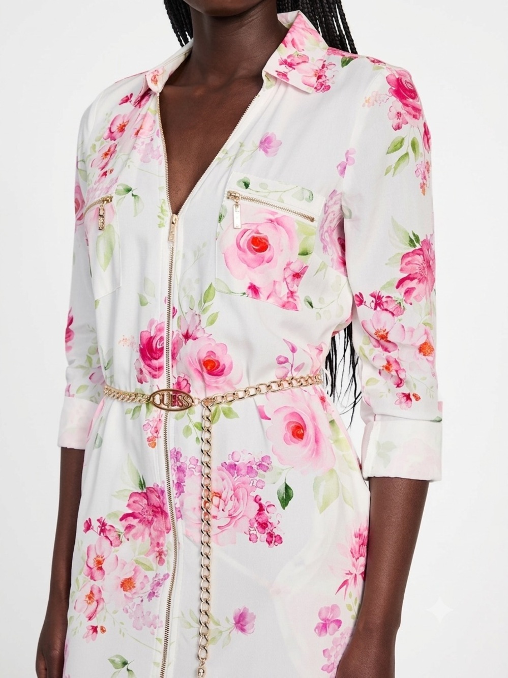 Guess| White & Pink Floral Zip-Front Satin Rolled Cuff Shirt Mini-Dress Sz M